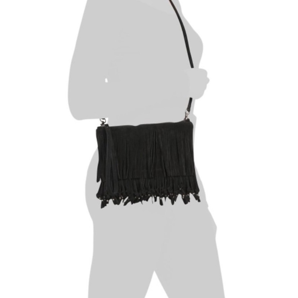 Martina Mori Black Suede Leather Fringe Studded Crossbody